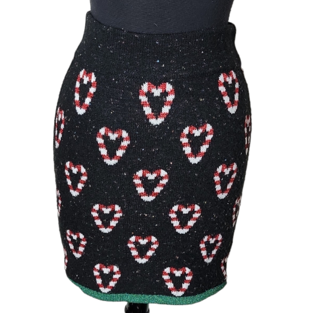 Celebrate Together candy cane heart knit mini skirt XS holiday christmas black